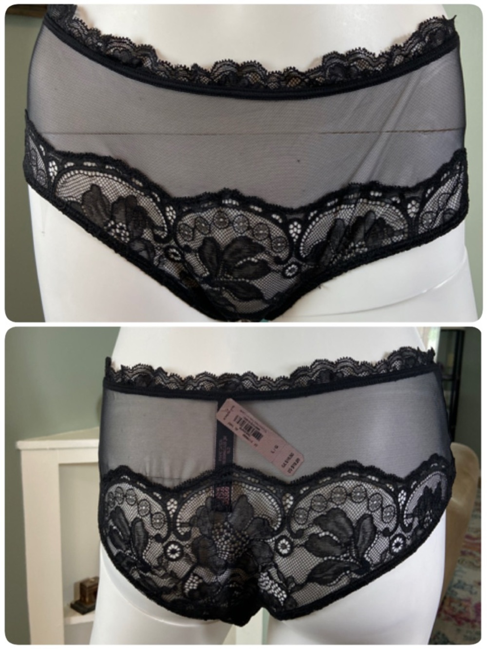 NWT Victoria's Secret Cheeky Black Sheer Lace Mesh Panties Panty Boy Shorts L